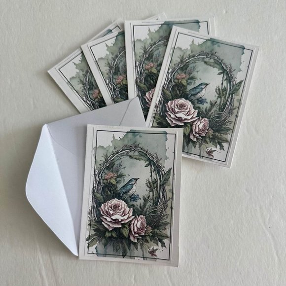 Set of 5-Watercolor Grapevine Wreath w/Pink Roses & Bird Handmade Folded Blank N - Picture 3 of 4